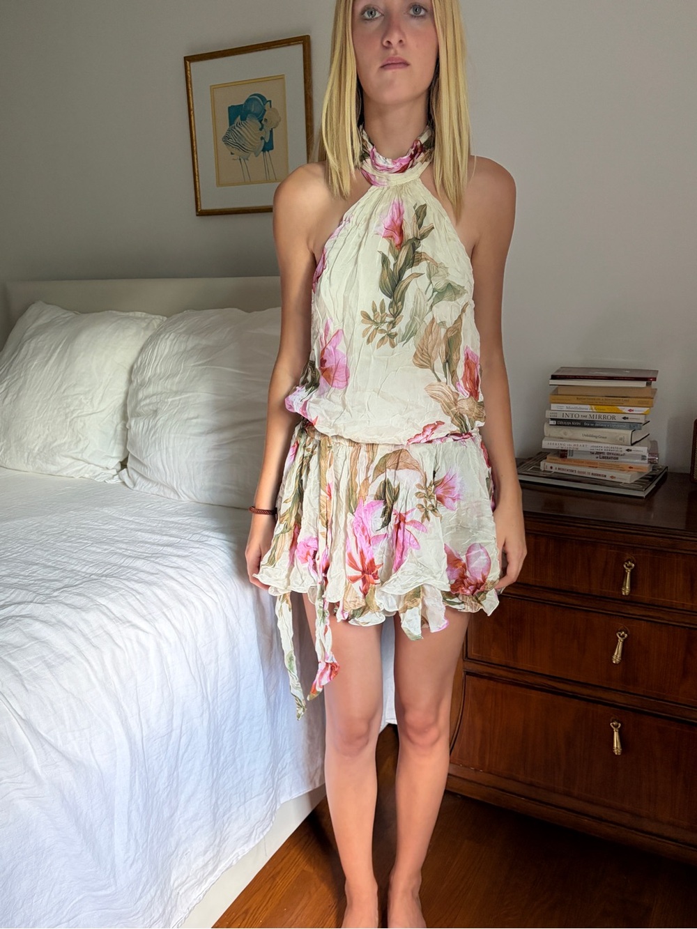 HEMANT & NANDITA Cream Halter Mini Dress with Pink Floral Print - Picture 2 of 6